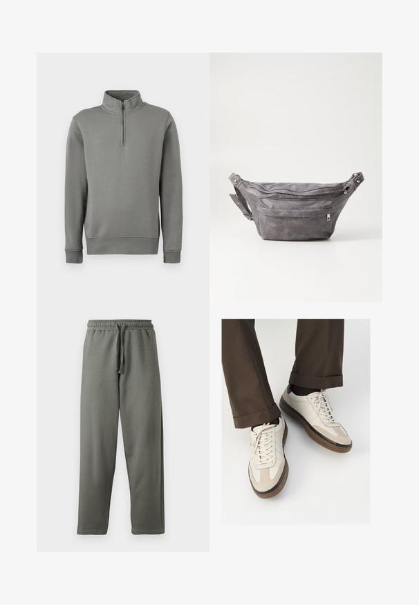 Šedý pulovrový svetr s polo zipem, ribovanými manžetami a rovním lemem. Vyrobeno z měkké tkaniny s hladkou strukturou.; Šedé tepláky vyrobené z měkké tkaniny s elastickým pasem a stahovací šňůrkou; mají rovný střih nohavic a minimální detaily šití.; Béžové tenisky s texturovanou semišovou špičkou, hladkými koženými boky a hnědou gumovou podrážkou. Na šněrování a lehkém prošití je detail.; Šedý semišový ledvinka s kulatým tvarem, dvěma zipovými přihrádkami a nastavitelným popruhem. Obsahuje kovové akcenty.