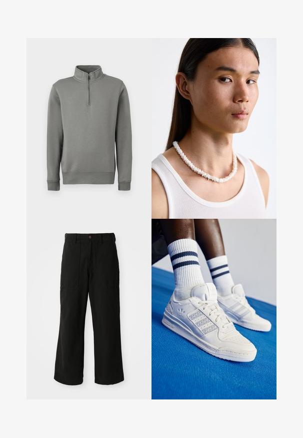 Grauer Pullover mit halbem Reißverschluss, gerippten Bündchen und geradem Saum. Hergestellt aus einem weichen Stoff mit glatter Textur.; Schwarze weit geschnittene Hose aus weichem Stoff, mit Fronttaschen und einem Knopfverschluss an der Taille. Minimalistisches Design ohne sichtbare Muster.; Weiße Leder-Sneaker mit perforierten Akzenten, drei metallischen Streifen und einem strukturierten Seitenpaneel. Getragen mit weißen Socken mit blauen Streifen.; Weißes Muschelkette, die aus unregelmäßigen Formen besteht, getragen über einem enganliegenden weißen Tanktop. Glatte Textur mit subtiler Schattierung, körpernahe Passform.