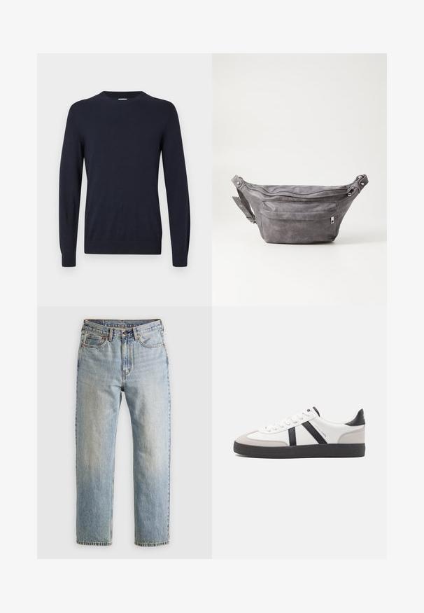 Tumesinine kudumipsärk ümmarguse kaelusega, pikad varrukad ja soonikkoes mansetid. Sile tekstuur ja kerge disain mugavuseks.; Heledad hele sinine teksapükste kõrge vöökoht, ees nupuga, lukuga ja viie taskuga disain, asetatud tasasele neutraalsele taustale.; Valged tossud mustade ja hallide aktsentidega, tekstureeritud halli varbakattega, musta kummitald ja lamedad valged paelad. Puhtad jooned, minimalistlik stiil.; Hallikate nahast vöö kott, millel on ümar kuju, kaks tõmblukuga taskut ning reguleeritav rihm. Varustatud metallist detailide aktsentidega.