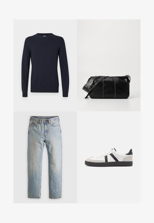 Maglione a maglia blu navy con scollo rotondo, maniche lunghe e polsini a coste. Texture liscia e design leggero per il massimo comfort.; Jeans in denim azzurro chiaro con vita alta, bottone anteriore, cerniera e design a cinque tasche, adagiati su uno sfondo neutro.; Sneaker bianco con accenti neri e grigi, dotata di una punta grigia testurizzata, suola in gomma nera e lacci bianchi piatti. Design pulito, stile minimalista.; Borsa a spalla in pelle nera con chiusura a zip, caratterizzata da un corpo testurizzato, cuciture bianche e una tracolla con occhielli in argento.