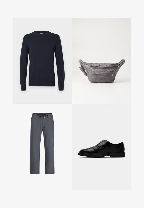 Marineblauer Strickpullover mit Rundhalsausschnitt, langen Ärmeln und gerippten Bündchen. Glatte Textur und leichtes Design für angenehmen Tragekomfort.; Grau, elastische Bundhose mit Kordelzug. Gerades Bein Design, aus glattem Stoff gefertigt, mit minimaler Naht und ohne sichtbare Hardware.; Schwarze Lederdressschuhe mit glatter Oberfläche, rundem Zehenbereich, schnürbarem Design und unauffälliger Gummisohle für besseren Halt.; Graue Wildleder-Gürteltasche mit runder Form, zwei mit Reißverschluss verschlossenen Fächern und verstellbarem Trageriemen. Mit metallischen Hardware-Akzenten.