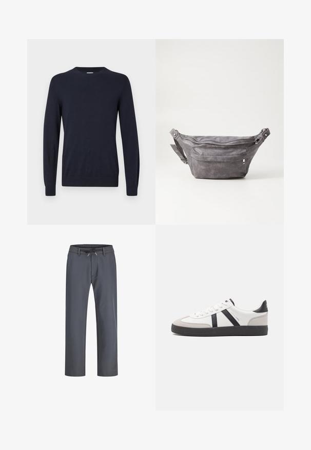 Pull en maille bleu marine avec col rond, manches longues et poignets côtelés. Texture lisse et conception légère pour le confort.; Pantalons gris à taille élastique avec cordon de serrage. Conception à jambes droites, fabriqués en tissu lisse, présentent des coutures minimales et aucun matériel visible.; Baskets blanches avec des accents noirs et gris, présentant un embout texturé gris, une semelle en caoutchouc noir et des lacets plats blancs. Design épuré, style minimaliste.; Sac banane en suède gris avec une forme arrondie, deux compartiments zippés et une sangle réglable. Comprend des accents en métal.