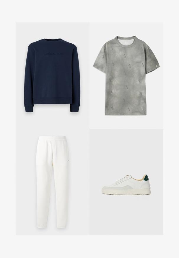 Tengerészkék pulóver, puha anyagból készült, hosszú ujjú, kerek nyakkivágással, elöl dombornyomott "MICHAEL KORS" logóval.; Szürke pamut póló, diszkrét AX logó mintával, kerek nyakkal, rövid ujjakkal és laza szabással. Simaszerkezet, enyhén kopott stílussal.; Fehér, puha szövetből készült melegítőnadrág, elasztikus derékrésszel, szűkülő lábakkal és egy kis logóval a bal oldalon.; Fehér sneaker suédé részletekkel, kerek orral, lapos fűzőkkel és krémszínű gumitalppal. Zöld logó található a sarkán.