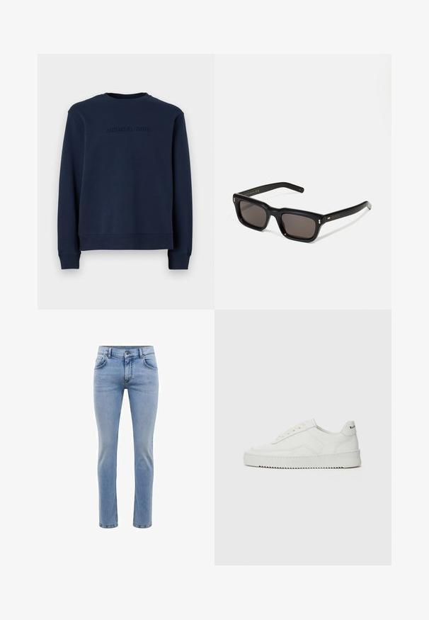 Marineblauwe sweatshirt van zacht materiaal, met lange mouwen, een ronde halslijn en een reliëf "MICHAEL KORS" logo aan de voorkant.; Lichtblauwe denim jeans met een slim fit, vijf zakken en een rechte pijp. Voorzien van een rits en riemlussen. Zachte textuur.; Witte leren sneaker met een gladde afwerking, ronde neus, platte veters en een gestructureerde zool. Kenmerkt zich door een subtiel logo op de hiel.; Zwarte rechthoekige zonnebril met donkere lenzen, een dik plastic montuur, gouden accenten op de veren en het merkembleem gegraveerd op de arm.
