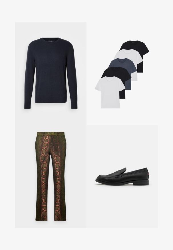 Dunkelblauer Rundhals-Pullover aus weichem Strickstoff, mit langen Ärmeln und einem dezenten Logo auf der Brust, sowie gerippten Bündchen und Saum.; Set aus fünf T-Shirts in Schwarz, Weiß und Marineblau. Baumwollstoff, kurze Ärmel, Rundhalsausschnitt und schlichte Textur ohne Muster.; Grüne gemusterte Hosen mit einem Schlangenmusterdruck in Brauntönen und Orange, gerade geschnitten und mit einer glatten Textur.; Schwarze Lederloafer mit glatter Oberfläche, abgerundetem Zehenbereich und einem kleinen dekorativen Riegel. Ausgestattet mit einem niedrigen, gestapelten Absatz und einem dezenten Markenlogo.