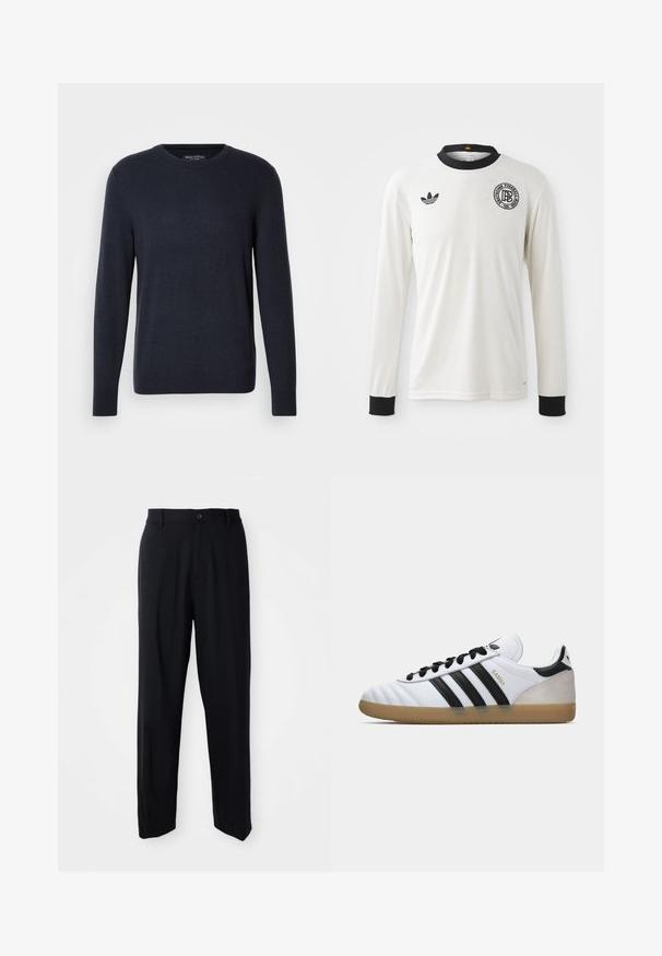 Dunkelblauer Rundhals-Pullover aus weichem Strickstoff, mit langen Ärmeln und einem dezenten Logo auf der Brust, sowie gerippten Bündchen und Saum.; Weißes langärmliges Fußballtrikot mit gerippter Struktur, schwarzem Kragen und Bündchen, ausgestattet mit schwarzem Adidas-Logo und rundem grafischem Emblem.; Schwarze gerade geschnittene Hosen mit Gürtelschlaufen, Knopfschluss und einem eleganten, minimalistischen Design auf einem neutralen Hintergrund.; Weiße Adidas Samba Sneaker mit schwarzen Streifen, schwarzen Schnürsenkeln, beigem Wildleder-Fersenbereich und Gummiaußensohle, gezeigt im Profil von der linken Seite.