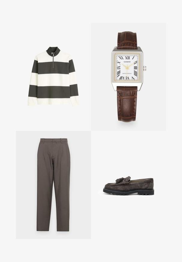Randig tröja i vitt och mörkgrått tyg, med hög krage, halvdragkedja och präglad logga framtill.; Brun polotröja i slät tyg, med dragkedja i kragen, korta ärmar och en skräddarsydd passform. Inga mönster eller detaljer synliga.; Jack & Jones JPSTBILL JJDAYTONA WIDE - Tygbyxor - pavement; Mörkgrå mocka loafers med en framskjutande tofsdetalj, platt gummisula och kontrasterande sömmar längs kanten.; Casio rektangulär klocka med vit urtavla, guldaccent, romerska siffror och armband av läder med krokodilsmönster i brunt. Vattentålig design.