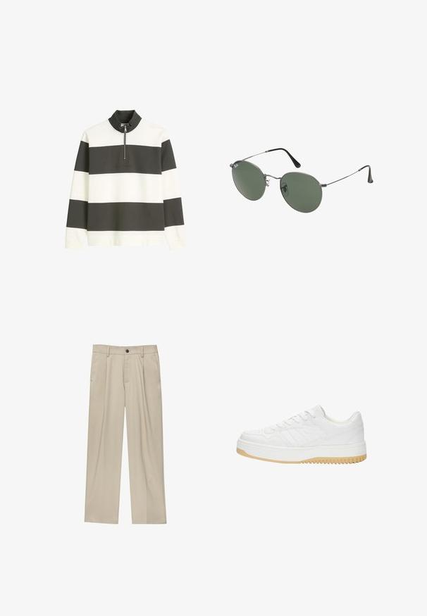 Raidallinen neulepusero valkoisesta ja tummanharmaasta kankaasta, jossa on korkea kaulus, puolivetoketju ja kohokuvioitu logo edessä.; Valkoinen puuvillapaita, jossa on klassinen kaulus, lyhyet hihat ja pieni laivastonsininen logo vasemmalla rinnalla. Kaksi nappia napituksessa.; Beige-housut suoran leikkauksen omaavina, joissa on yksi musta nappi, vyölenkit ja sivutaskut. Sileä kangas ja minimalisti muotoilu.; Valkoinen nahkakengät joissa on teksturoitu pinta, varustettuna kumipohjalla, nauhakiinnityksellä ja hillityillä raidallisilla yksityiskohdilla sivuilla.; Aurinkolasit metallikehyksillä, joissa on soikeat vihreät linssit. Ohut hopeinen metallikehys ja mustat korvapehmusteet. Minimalistinen muotoilu, ei näkyviä logoja.