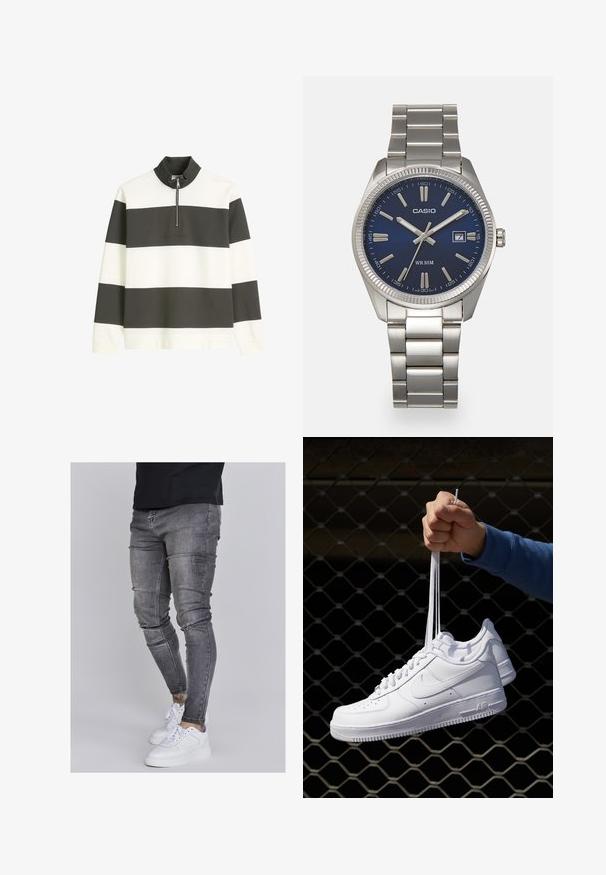 Prugasti pulover u bijeloj i tamno sivoj tkanini, s visokim ovratnikom, zatvaranjem na pola rajsferšlusa i urezanim logotipom sprijeda.; Uske mršave traperice u izblijedjelom sivoj boji, s iznošenim detaljima na koljenima, uparenim s bijelim tenisicama. Glatka tekstura, dizajn prilagođen tijelu.; Bijele kožne tenisice s perforacijama, okruglim vrhom, ravnim potplatom i debelim vezicama, s vidljivim swoosh logom i natpisom "AIR" na peti.; Srebrni sat od nehrđajućeg čelika s tamnoplavim brojčanikom, metalnim oznakama sati i prozorom za datum na 3 sata. Vodootporan do 50 metara.