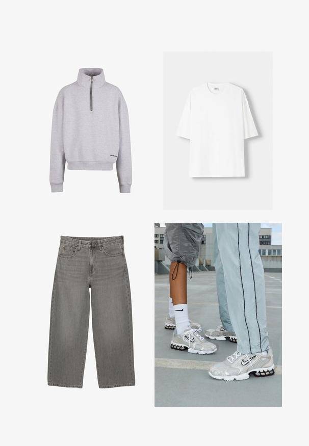 Világosszürke pulóver magas gallérral, negyedcipzárral és bordázott mandzsettákkal. Kicsi fekete hímzett részlet található az alján.; Fehér, rövid ujjú pamut póló, kerek nyakkivágással és laza szabással. Simább textúra, látható minták vagy díszítések nélkül.; Szürke farmer széles lábúnak számító farmernadrág elülső gombos és cipzáras záródással, övakasokkal és öt zsebes kivitelben.; Nike sportcipő ezüst hálós anyagból, fehér fűzőkkel, fekete swoosh logóval és fekete-piros légpárnás talppal.