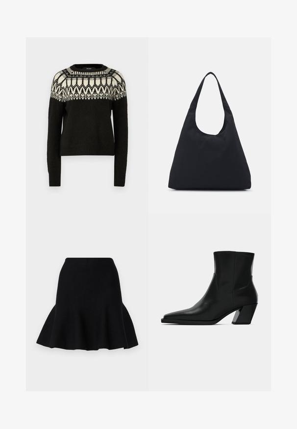 Schwarzer Pullover mit rundem Halsausschnitt und langen Ärmeln. Besitzt ein gemustertes Design in Weiß und Schwarz an der Schulterpartie. Weicher Stoff und gerippter Saum.; Schwarzer, ausgestellter Rock aus weichem Stoff. Verfügt über eine anliegende Taille und einen wellenförmigen Saum, der ein schichtartiges Aussehen erzeugt.; Schwarze Leder-Stiefelette mit spitzem Zeh, schlanker Silhouette und klobigem quadratischem Absatz. Glatte Textur mit minimalen Nähdetails.; Schwarze Stofftasche mit einem einzelnen, breiten Schulterriemen. Weiche, semi-strukturierte Form und glatte Textur; minimales Design, ohne sichtbare Beschläge.; Goldfarbene Ohrringe mit einer glatten, runden Form, die eine reflektierende Oberfläche und einen Steckverschluss für sicheren Halt aufweisen.