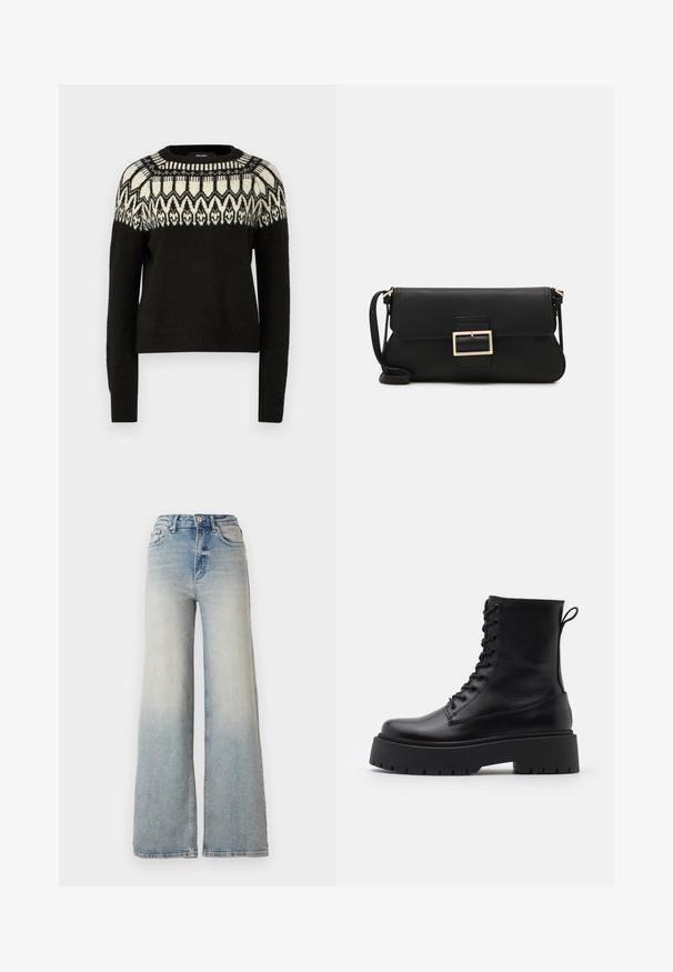 Schwarzer Pullover mit rundem Halsausschnitt und langen Ärmeln. Besitzt ein gemustertes Design in Weiß und Schwarz an der Schulterpartie. Weicher Stoff und gerippter Saum.; Hellblaue weit geschnittene Jeans aus Denim, mit hoher Taille, fünf Taschen und sichtbaren Nähten entlang der Säume.; Schwarze Lederstiefeletten mit runder Zehenpartie, Schnürung vorne und einer dicken Gummisohle mit strukturiertem Profil. Mit Zugschlaufe an der Rückseite.; Schwarze Leder-Clutch mit Klappe und goldfarbenem Metallschnallen-Detail. Enthält einen schwarzen Riemen und ein schlankes, minimalistisches Design.; Goldfarbene Ohrringe in Form von dünnen, runden Kreolen, mit einer glatten, metallischen Oberfläche und ohne Verzierungen oder Muster.