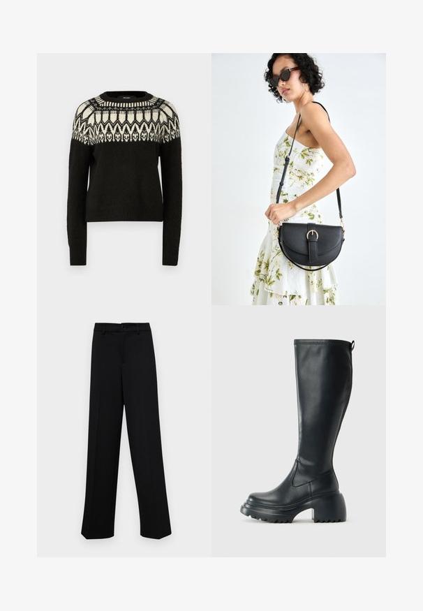 Suéter negro con escote redondo y mangas largas. Presenta un diseño de yugo en blanco y negro con patrones. Textura suave y dobladillo acanalado.; Pantalones de pierna ancha negros, hechos de un tejido suave, con una cintura clásica que incluye un cierre de botón y pliegues frontales.; Bota alta de cuero negro con suela de plataforma gruesa y tacón cuadrado, que cuenta con una lengüeta y un relieve texturizado en la suela exterior.; Bolso de piel negra con forma curva, correa desmontable y herrajes dorados. El bolso cuenta con una solapa con un detalle de hebilla.