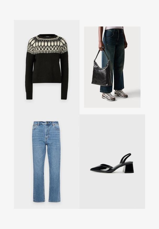 Zwarte trui met een ronde halslijn en lange mouwen. Heeft een patroon met wit en zwart op de schouderpartij. Zachte textuur en geribbelde zoom.; Lichtblauwe denim jeans met een rechte pijp, vijf zakken, een sluiting met een knoop aan de voorkant en subtiele vervaging op de stof.; Zwarte gepatineerde leren slingback hakken met een spitse neus en een geometrische blokhak. Kenmerkt zich door een slank, minimalistisch ontwerp en een gladde textuur.; Zwarte leren schoudertas met een gladde textuur en een verstelbare strap, gecombineerd met vervaagde wijde jeans en sportieve sneakers.