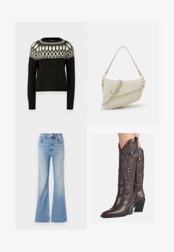 Juodas megztinis su apvaliu iškirpimu ir ilgomis rankovėmis. Yra raštuotas baltai-juodas intarpas. Minkšta tekstūra ir raukiniai apačioje.; Šviesiai mėlyni plačios kojų džinsai, pagaminti iš džinsinio audinio, su aukštu liemeniu, penkių kišenių dizainu ir subtiliu gradientiniu blukimu link apačios.; Rudos odinės kaubojaus batai su smailiu priekiu ir blokuotu kulnu, pasižymintys detaliu siuvinėjimu ir iškiliais akcentais ant ašies.; Mažas kreminis rankinukas su tekstūruotu paviršiumi, ilga reguliuojama juostele, grandinėle ir užsegimu su atvartu. Aukso detalės.; Aukso auskarai su lygiu, blizgiu paviršiumi. Apvalus dizainas su maža užrakto dalimi ir skaidria atrama saugiam nešiojimui.