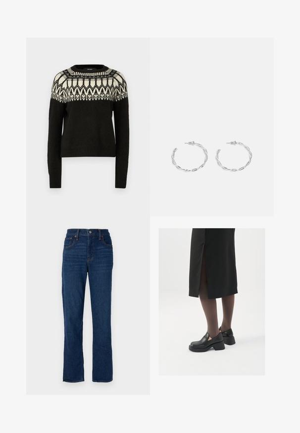 Crni pulover s okruglim izrezom i dugim rukavima. Ima uzorak bijele i crne boje na dijelu oko vrata. Mekana tekstura i rebrasti rub.; Tamno plave traperice ravnog kroja s pet džepova, narančastim koncem i kopčanjem na pojasu.; Crne kožne cipele s zaobljenim vrhom, debelim blok petama i elastičnim bočnim detaljima, uparene s tamnim čarapama i crnom suknjom s prorezom.; Srebrne naušnice s obručima i uvijenim dizajnom, s poliranim završetkom i pričvršćivanjem na stražnjoj strani. Mjere otprilike 3 cm u promjeru.