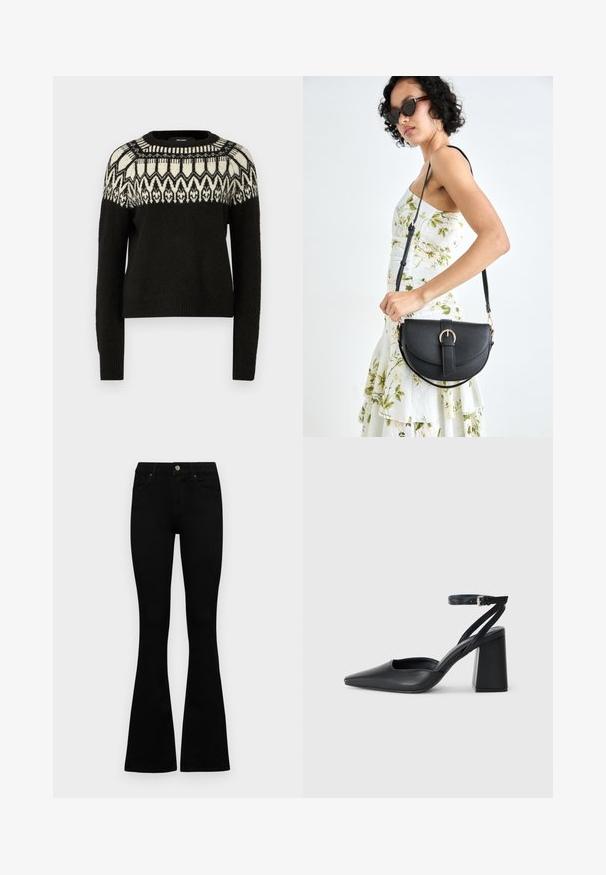 Schwarzer Pullover mit rundem Halsausschnitt und langen Ärmeln. Besitzt ein gemustertes Design in Weiß und Schwarz an der Schulterpartie. Weicher Stoff und gerippter Saum.; Schwarze hochtaillierte Jeans mit einem Knopf- und Reißverschluss, Fronttaschen und ausgestellten Beinen, flach auf einem weißen Hintergrund ausgelegt.; Schwarze Leder-Pumps mit spitzer Zehe, einem Knöchelriemen und einem blockigen Absatz. Flache Textur, elegantes Design und minimalistische Ästhetik.; Schwarze Lederhandtasche mit geschwungener Form, abnehmbarem Tragegurt und goldenen Beschlägen. Die Tasche verfügt über einen Deckel mit einer Schnallen-Details.