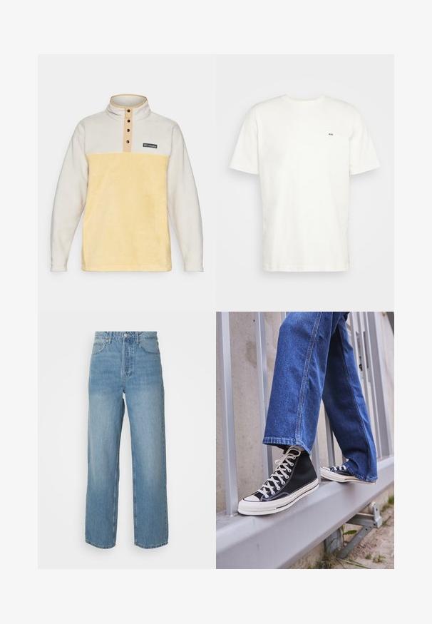 Kremo ir geltonos spalvos fliso puloveris su aukštu apykakle, mygtukų užsegimu ir tekstūruotu paviršiumi. Pridedama logotipo etiketė krūtinėje.; Balta medvilninė marškinėlių su apvaliu iškirpimu, trumpomis rankovėmis ir mažuoju juodu "W.W." logotipu kairėje krūtinės pusėje. Lygi tekstūra, įprastas kirpimas.; Aukštos juosmens šviesiai mėlyni džinsai tiesiomis kojomis, priekinis mygtukų užsegimas ir penkių kišeninių stilius ant vientisos fono.; Juodi aukšti sportiniai bateliai su baltu padu ir raišteliais, derinami su laisvai krentančiais mėlynais džinsais, atremti į pilką turėklą.