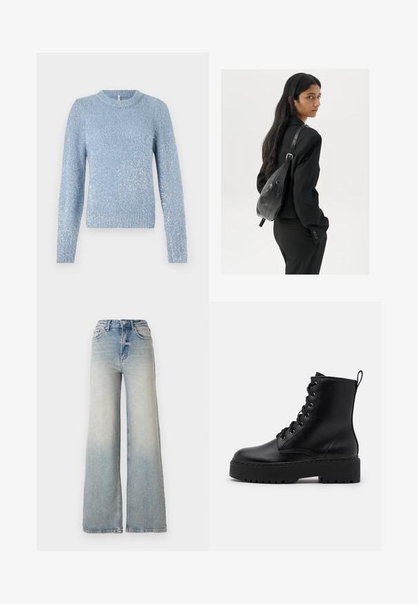 Maglione azzurro chiaro lavorato a maglia con scollo a girocollo, maniche lunghe e una finitura leggermente testurizzata che presenta accenti di luccichio sottili in tutto il capo.; Jeans ampi di colore blu chiaro in denim, con vita alta, cinque tasche e cuciture visibili lungo le cuciture.; Stivale alla caviglia in pelle nera con suola spessa e texture, punta tonda e occhielli metallici per i lacci. Presenta un linguetta sul retro.; Donna con lunghi capelli scuri, vestita con un completo nero, che porta una borsa a tracolla in pelle nera, mentre guarda oltre la spalla su uno sfondo bianco.