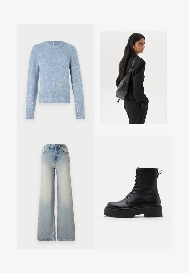 Light blue knitted sweater with a crew neck, long sleeves, and a slightly textured finish featuring subtle shimmer accents throughout.; Light blue wide-leg jeans made of denim, featuring a high waist, five pockets, and visible stitching along the seams.; Black leather ankle boots with a round toe, lace-up front, and a thick rubber sole featuring a textured tread. Pull tab at the back.; Woman with long dark hair wearing a black suit, carrying a black leather shoulder bag, looking over her shoulder against a white background.; Silver hoop earrings with a twisted design, featuring a polished finish and post-back closure. Measure approximately 3 cm in diameter.