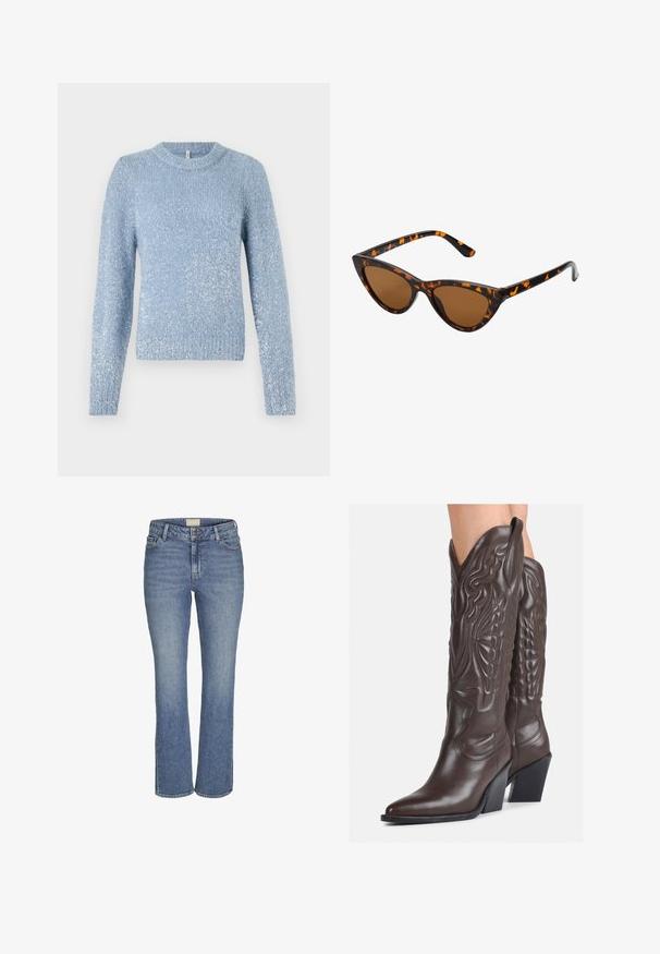 Pull en tricot bleu clair avec un col rond, des manches longues, et une finition légèrement texturée avec des accents de scintillement subtils dans tout le vêtement.; Jeans en denim bleu moyen, coupe droite, avec fermeture à boutons et à glissière à l'avant, passants de ceinture, et poches avant et arrière.; Bottes de cowboy en cuir marron avec un bout pointu et un talon bloc, présentant des coutures détaillées et des accents en relief sur la tige.; Lunettes de soleil style œil de chat avec une monture en écaille de tortue noire et orange, verres marron et pointes effilées et élégantes. Présente un logo minimaliste sur la branche.; Boucles d'oreilles en argent en forme de créoles avec un design torsadé, dotées d'une finition polie et d'une fermeture à poussoir. Mesurent environ 3 cm de diamètre.