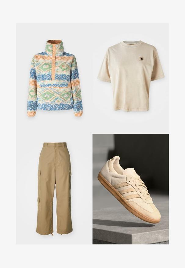 Chlupatý pulovr s vícebarevnými vzory, s vysokým límcem, zapínáním na knoflíky a přední kapsou. Vyrobeno z měkké, texturované látky.; Beige bavlněné tričko s uvolněným střihem, kulatým výstřihem, krátkými rukávy a malou čtvercovou nášivkou na levé části hrudi.; Béžové cargo kalhoty s vysokým pasem, širokými nohavicemi a čtyřmi velkými bočními kapsami. Vyrobené z odolné tkaniny s hladkým povrchem a minimálními detaily.; Světlé béžové semišové tenisky s gumovou podrážkou, třemi diagonálními pruhy a texturovanou špičkou. Na jazyku a boku se nachází logo.