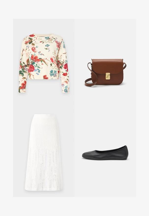 Pull en tricot floral avec un col rond, base crème, grands motifs de fleurs rouges et bleues, manches longues et bords côtelés.; Jupe midi en tricot blanche présentant un motif texturé avec des lignes verticales et des découpes près de l'ourlet. Taille élastique. Matériau doux.; Ballerines en cuir noir avec un bout rond, texture lisse, détails de couture minimalistes et design de semelle flexible.; Sac à main en cuir marron avec une fermeture à rabat, des accents en métal doré, une bandoulière et une texture lisse. Forme rectangulaire compacte.