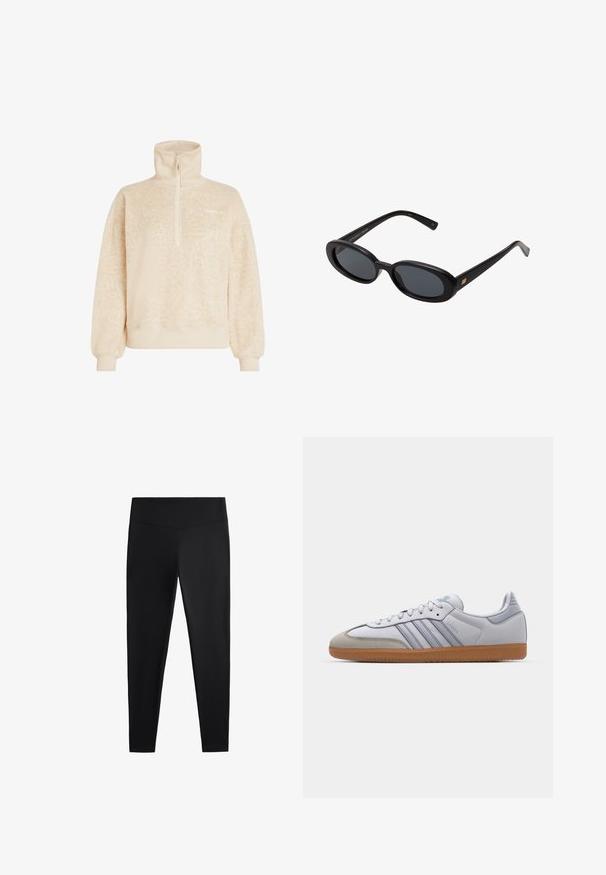 Pulover bej din fleece moale, cu guler înalt, fermoar pe jumătate, manșete cu nervuri și un model subtil de leopard, branduit O'Neill pe piept.; Colanți negri realizați dintr-un material neted și elastic. Prezintă o talie lată și un design cu picioare conice, potriviți pentru activități sportive sau purtat casual.; Tenisi din piele albă cu accente albastre deschise, vârf din suede gri și talpă din cauciuc maro. Prezintă trei dungi albastre și branding "Samba".; Ochelari de soare supradimensionați, cu lentile ovale, cadru din plastic neted și accente aurii pe brațe. Lentilele întunecate oferă protecție solară.