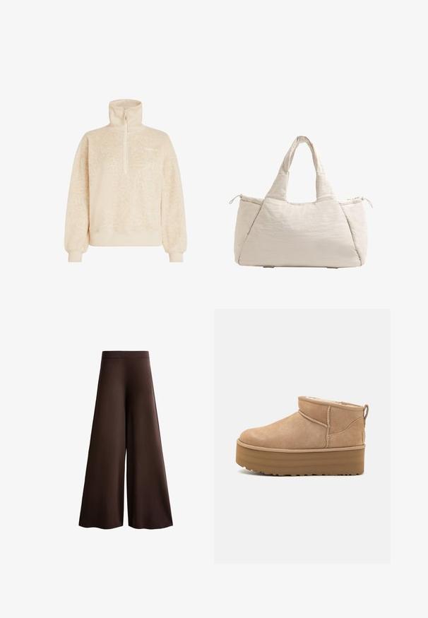 Beżowy, miękki polarowy sweter z wysokim kołnierzem, pół zamkiem, ściągaczami przy rękawach oraz subtelnym wzorem pantery, z logo O'Neill na piersi.; Brązowe szerokie spodnie wykonane z miękkiej tkaniny, z wysokim stanem, subtelną teksturą oraz płynną sylwetką bez widocznych zapięć czy ozdób.; Beżowe zamszowe botki za kostkę z miękkim wnętrzem, z platformą i pętlą z tyłu ułatwiającą zakładanie. Teksturowana gumowa podeszwa.; Beżowa pikowana torba na ramię z dwoma uchwytami, zaokrąglonym kształtem, teksturowanym materiałem i boczną kieszenią ze sznurkiem. Gładkie wykończenie, minimalistyczny design.