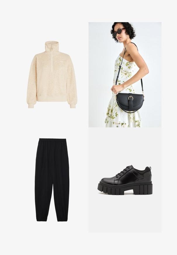 Beige soft fleece pullover with a high collar, half zipper, ribbed cuffs, and subtle leopard pattern, branded O'Neill on the chest.; Black, lightweight pants with an elastic waistband and gathered ankles. The fabric is smooth and features a relaxed, tapered design.; Black leather platform shoes with a chunky block heel, round toe, and traditional lace-up design. Features smooth texture and minimal detailing.; Black leather handbag with a curved shape, detachable strap, and gold hardware. The bag features a flap with a buckle detail.