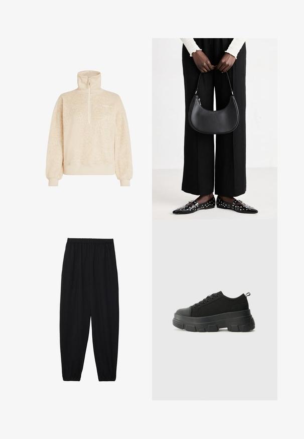 Beige soft fleece pullover with a high collar, half zipper, ribbed cuffs, and subtle leopard pattern, branded O'Neill on the chest.; Black, lightweight pants with an elastic waistband and gathered ankles. The fabric is smooth and features a relaxed, tapered design.; Black sneakers with a chunky rubber sole, textured fabric upper, round toe, and lace-up design. Features reinforced eyelets and back pull tab.; Black leather shoulder bag with a rounded shape, glossy finish, and silver hardware. Person wearing black wide-leg pants and studded loafers.