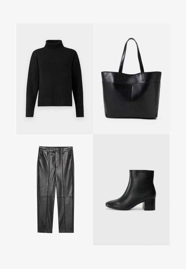 Juodas golfo megztinis, pagamintas iš minkštos mezgimo medžiagos. Turi raštuotą apatinį kraštą, ilgomis rankovėmis ir laisvą siluetą. Paprastas ir universalus dizainas.; Juodos odinės kelnės su lygiu tekstūru, tiesaus kirpimo, dviem priekinėmis kišenėmis ir matomomis siūlėmis.; Juodos odinės aulinės botai su smailiu priekiniu pirštu ir storu kulnu. Lygus tekstūra su minimaliomis detalėmis ir elegantišku, tvirtai priglundančiu dizainu.; Juoda odinė rankinė su dviem ilgais diržais, lygiu paviršiumi ir struktūrizuota forma. Yra priekinė kišenė papildomam saugojimui.