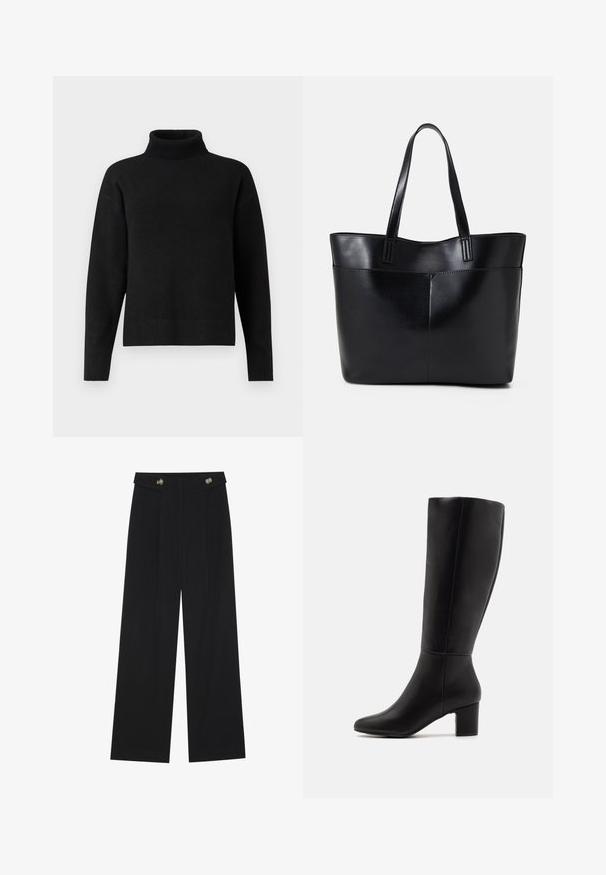 Camisola de gola alta preta feita de um tecido de malha macia. Apresenta uma bainha canelada, mangas longas e um ajuste descontraído. Design simples e versátil.; Calças largas pretas com cintura alta, detalhes em botão na cintura e pregas frontais.; Anna Field Botas - black; Bolsa tote preta em couro com duas alças longas, textura suave e forma estruturada. Apresenta um bolso frontal para armazenamento adicional.