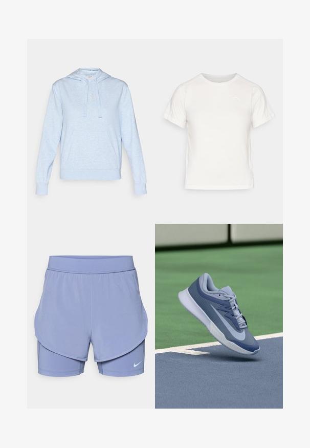 Šviesiai mėlyna hoodė su minkšta tekstūra, turinti kengūros kišenę, rišimo gobtuvą ir siuvinėtą logotipą ant krūtinės.; Lengvas baltas marškinėliai trumpomis rankovėmis, apvaliu kaklu ir maža logo viršutiniame kairiajame kampe. Lygus audinys su subtiliu blizgesiu.; Nike šortai šviesiai violetinės spalvos, su sluoksniuota konstrukcija, vidiniu priglundančiu pamušalu ir laisvu išoriniu sluoksniu. Elastinga juosmens juosta patogumui.; Sportiniai batai šviesiai mėlynos ir tamsiai mėlynos spalvos, su tekstūruota viršutine dalimi, plokščiomis raišteliais ir lengva balta padu. Pakelti virš aikštelės paviršiaus.