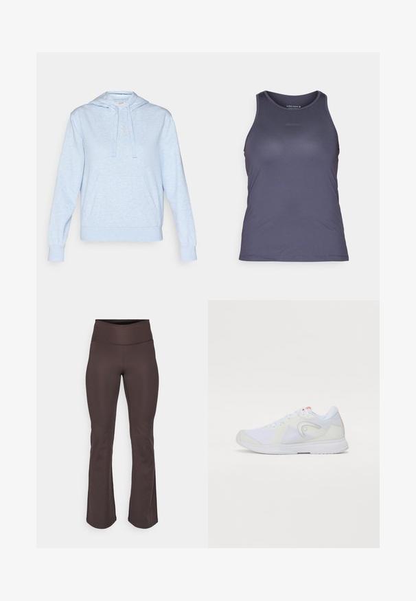 Lyseblå hettegenser med en myk tekstur, som har kengurulomme, snorhette og brodert merke på brystet.; Mørk lilla treningssinglet med rund hals, glatt tekstur og subtil 'BORG' logo preget foran. Racerback-design.; Brune, utsvingte treningsbukser laget av elastisk stoff. Høy midje med glatt tekstur og uten synlige mønstre eller detaljer.; Hvit atletisk sko med mesh-overdel, kontrasterende grå detaljer, polstret krage og gummisåle. Snøring og logo detaljer på siden.