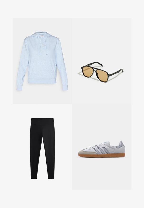 Jasnoniebieska bluza z kapturem o miękkiej fakturze, z kieszenią kangurką, regulowanym kapturem i haftowanym logo na piersiach.; Czarne legginsy wykonane z gładkiego, elastycznego materiału. Posiadają szeroki pas oraz zwężany krój nogawek, odpowiednie zarówno do aktywności fizycznej, jak i na co dzień.; Białe skórzane trampki z jasnoniebieskimi akcentami, szarym zamszowym noskiem i brązową gumową podeszwą. Posiadają trzy niebieskie paski oraz logo "Samba".; Czarne okulary przeciwsłoneczne z brązowymi szkłami; prostokątny kształt z grubą oprawą, z delikatnymi akcentami na zausznikach.