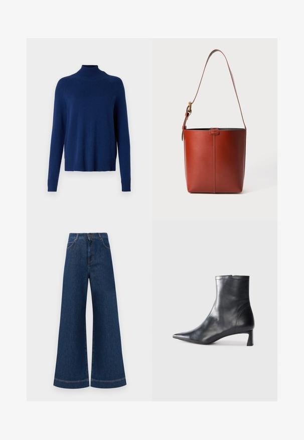 WEEKEND MaxMara ALCALI - Džemperis - blu notte; Plati ziladenim bikses ar augstu jostasvietu, kas aprīkotas ar pogas aizdari, jostu cilpām un nelieliem šuvju detalizējumiem ap kabatām un malām.; Melnas ādas potītes zābaki ar norādītu pirkstu un elegantu dizainu. Iezīmē zemu papēdi un rāvējslēdzēja aizdari aizmugurē. Gluda tekstūra.; Brūns ādas spainis ar regulējamu plecu siksnu un zelta toņa sprādzi, vienkārša vertikāla šuve priekšpusē.