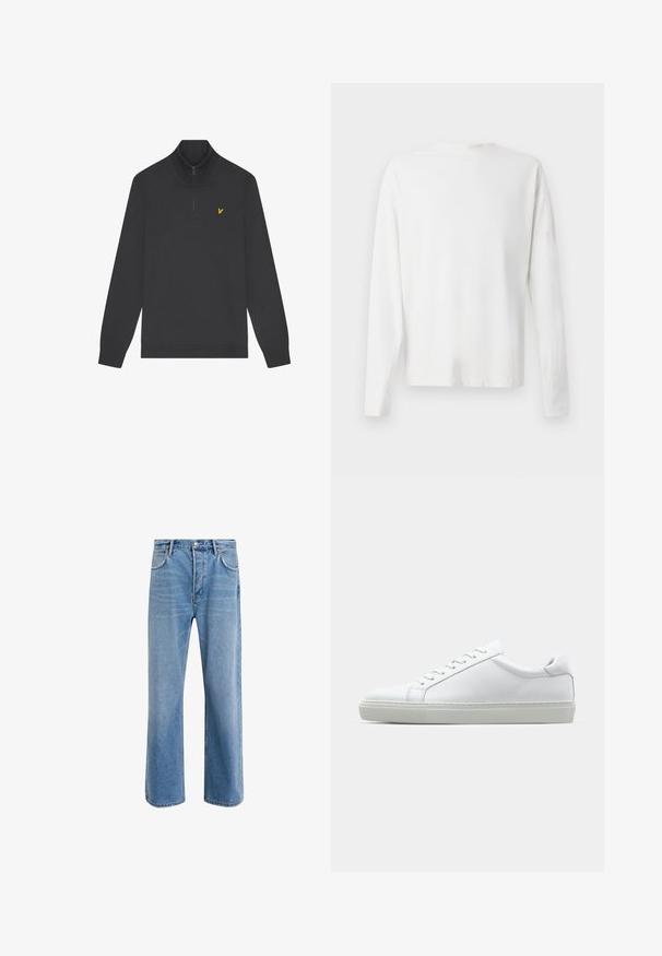 Fekete zipzáras pulóver puha anyagból, álló gallérral és bordázott mandzsettákkal. Kis sárga logó a bal mellen. Az egész anyag sima textúrájú.; Hosszú ujjú fehér pamut ing kerek nyakkivágással, az alján oldalsó hasítékokkal és sima textúrával, hátulról bemutatva.; Világoskék farmernadrág, egyenes szárú fazonnal, öt zsebbel, gombos záródással, minimális kopással és kontrasztos varrással.; Fehér sportcipő sima bőr felső résszel és alacsony profilsal. Kerek orr, hat fűzőlyuk és barázdált gumitalp jellemzi.