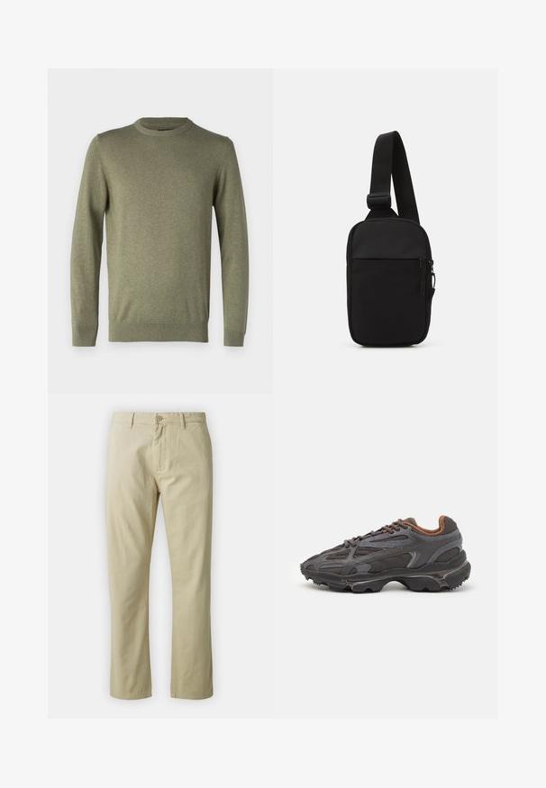 Olijfgroene gebreide trui met een ronde halslijn, lange mouwen en geribbelde manchetten. Bevat een klein logo op de borst.; Beige katoenen broek met een recht ontwerp, knoopsluiting aan de voorkant en riemlussen. Gladde textuur, geen zichtbare patronen of accenten.; Lacoste sneakers in donkergrijs van mesh en synthetisch materiaal, met een gestructureerde zool en bruine accenten op de kraag en branding.; Zwarte schoudertas gemaakt van duurzaam stof, met een enkele verstelbare schouderband, een gepartitioneerd hoofdcompartiment met rits en een voorvak.