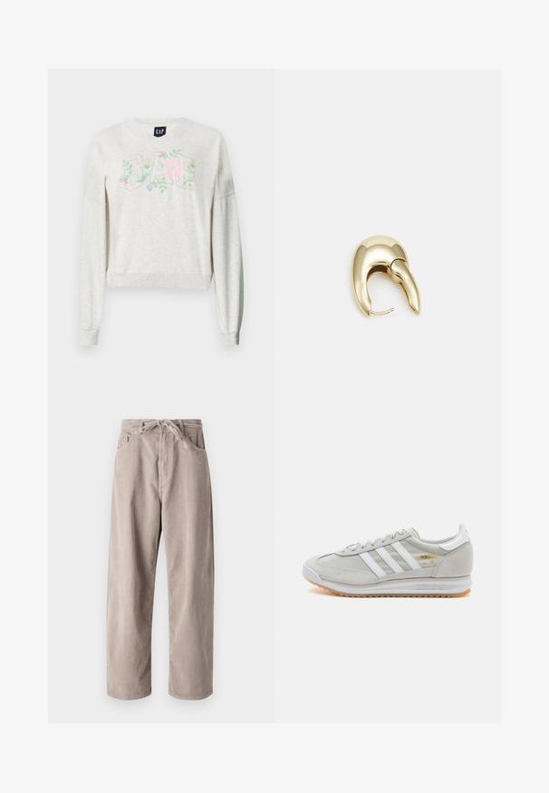 Gaiši pelēks īsais džemperis, izgatavots no mīksta materiāla, ar "GAP" logo, kas rotāts ar ziedu izšuvumiem rozā, zaļā un purpura krāsās.; Bežīgas korduroja bikses ar brīvu piegriezumu, ar saistāmām jostām, divām priekšējām kabatām un vertikālu ribotu tekstūru.; Gaišpelēka kedas, izgatavotas no zamša un sieta, ar trim baltām svītrām, apaļu purngalu un gumijas zoli. Zelta logo akcenta detaļa blakus auklām.; Zeltīti metāla auskari ar gludu, izliekta dizaina. Ar atšķirīgu smailu formu, pulētu virsmu un eņģu aizdari.