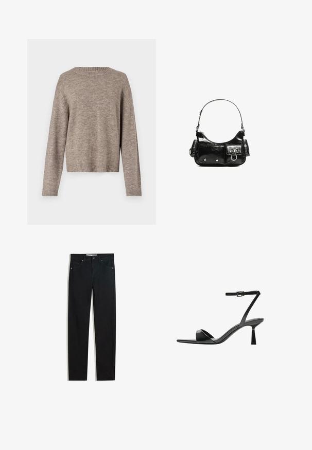 Light brown sweater, soft knit material, round neckline, long sleeves, ribbed cuffs and hem, relaxed fit, subtle texture detailing.; Black denim pants with a straight leg design, five pockets, metal button closure, and subtle stitching details. Smooth texture.; Bershka High heeled sandals - black; Black patent leather handbag with a curved shape, one shoulder strap, front pockets, and silver-tone hardware accents.