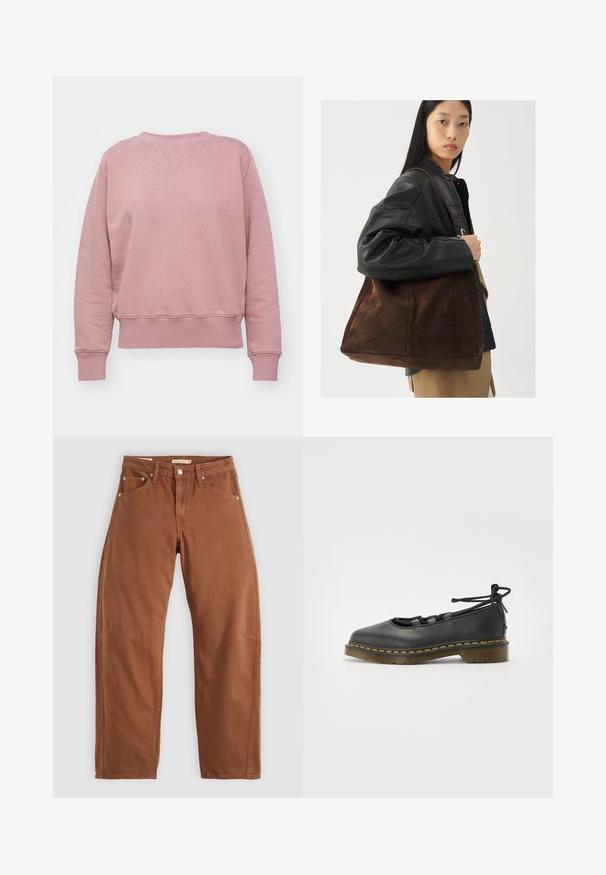 Sudadera de algodón rosa con cuello redondo, puños y dobladillo de canalé, que presenta una textura sutil y un ajuste estructurado.; Jeans rectos color marrón óxido con bolsillos frontales y traseros, remaches de metal, cierre de botón y trabillas para el cinturón, colocados sobre un fondo blanco.; Zapato de cuero negro con punta redondeada, tacón bajo, detalles de cordones y costuras amarillas a lo largo de la suela. Textura suave con un acabado mate.; Bolsa de tote de ante marrón con forma amplia y textura suave, con una sola correa y un hardware minimalista sobre un fondo neutro.