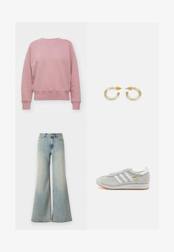 Felpa di cotone rosa con collo a giro, polsini e orlo a coste, caratterizzata da una sottile texture e una vestibilità strutturata.; Jeans ampi di colore blu chiaro con vita alta, caratterizzati da una finitura sbiadita, tasche frontali e una leggera incisione in fondo alle gambe.; Sneaker grigio chiaro realizzato in suede e rete, con tre strisce bianche, punta arrotondata e suola in gomma color caramello. Accento del logo dorato vicino ai lacci.; Orecchini a cerchio in tono oro con una forma liscia e arrotondata e una finitura lucida. Presentano accenti arancioni sul retro per una chiusura sicura.