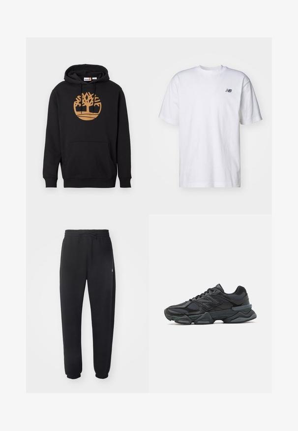 Zwarte hoodie van katoen, met een groot bruin boomborduurwerk op de voorkant, een voorkantzak en een capuchon met trekkoorden. Glad textuur.; Witte korte mouwen crew neck T-shirt met klein zwart New Balance-logo op de linkerkant van de borst tegen een effen achtergrond.; Zwarte joggingbroek van zacht materiaal met een elastische tailleband, trekkoord en taps toelopende manchetten, met een subtiele logo aan de zijkant.; Zwarte hardloopschoen met een mix van mesh en synthetische materialen, een stevige zool, gebogen ontwerp en prominente branding op de zijkant.
