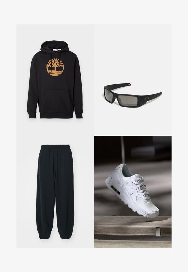 Felpa nera in cotone, caratterizzata da un grande logo di un albero marrone sul davanti, una tasca frontale e cappuccio con cordino. Texture liscia.; Pantaloni da jogging neri con vita elasticizzata, dalla vestibilità morbida, caviglie a costina, texture liscia e senza motivi visibili o dettagli in metallo.; Sneaker Nike Air Max 90 bianco con tomaia in mesh e pelle, punta forata e un'unità air visibile nel tallone.; Occhiali da sole neri con finitura opaca, lenti rettangolari, leggero curvatura sulle tempie, dettaglio logo discreto e lenti color fumo.