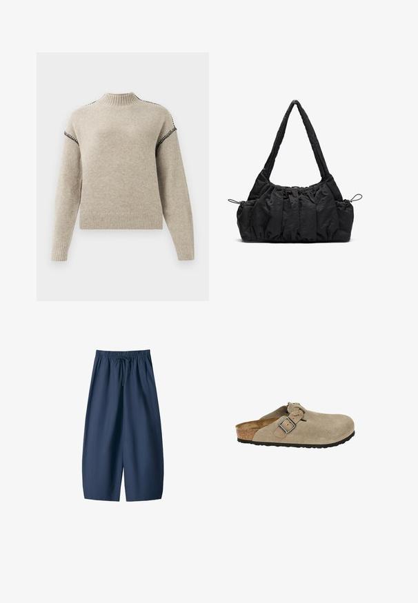 Beige knit sweater with ribbed mock neck, cuffs, and hem, featuring black whipstitch detailing on shoulders and upper sleeves.; Navy blue shorts made of smooth fabric, featuring an elastic waistband with a drawstring and two side pockets. Relaxed fit, knee-length design.; Beige suede clogs with a rounded toe, adjustable strap and buckle, cork midsole, and textured black rubber sole for traction.; Black fabric handbag with gathered texture, two shoulder straps, and drawstring closure on sides. Smooth, lightweight material.
