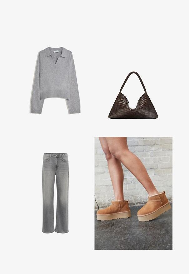Ljusgrå stickad långärmad tröja med ribbad nederkant och ärmslut, med V-ringning och avslappnad passform.; Vit t-shirt med kort ärm i bomull. Har en rundad halsringning och en avslappnad passform. Slät textur utan synliga mönster eller detaljer.; Breda jeans i grå denim, med hög midja, fem fickor, en knappstängning fram och subtil blekning på tyget.; Bruna mocka ankelskor med en fluffig foder, tjock beige plattformssula och en dragflik bak. Texturerad yta med synliga sömdetaljer.; Mörkbrun triangelformad vävd läderhandväska med ett enda flätat handtag och synlig dragkedjekloss på ena sidan.; Set om åtta silverringar, med olika mönster inklusive släta, texturerade och en med små pärlor. Funktioner inkluderar kurvor och detaljer.