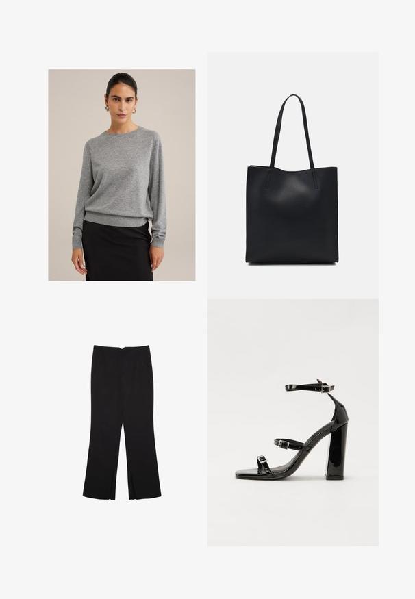 Siv sveter iz mehkega pletenega materiala, ki ima okroglo ovratnico, rebraste manšete in sproščen kroj. Ukladan z črno krilom.; Črne hlače ravnega kroja z naglavnimi žepi in stranskimi razporki na robu. Narejene iz mehke, gladke tkanine. Primerne za različne priložnosti.; Črne lakirane sandale s peto, kvadratnim prstom, trakovi okrog gležnja in srebrnimi zaponkami. Opremljene so s stabilno Debelo peto.; Črna usnjena torba s svilnato teksturo, pravokotne oblike in dvema dolgima ročajema. Brez vidnih metalnih delov ali okrasnih elementov.