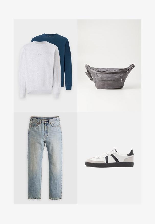 Duos džemperiai, sukrauti vienas ant kito: vienas šviesiai pilkas su subtiliu logotipu, kitas tamsiai mėlynas. Abu turi apvalius iškirpimus ir banguotas rankoves.; Šviesiai mėlynos džinsinės kelnės su aukštu liemeniu, priekyje mygtukas, užtrauktukas ir penkių kišenių dizainas, išklotos ant neutralios fono.; Balti sportbačiai su juodais ir pilkais akcentais, pasižymintys tekstūruotu pilku pirštų dangteliu, juoda gumine padais ir plokščiomis baltomis raišteliais. Švarus dizainas, minimalistinis stilius.; Pilkas suedes fanny pack'as apvalios formos, su dviem užtraukiamais skyreliais ir reguliuojama diržele. Yra metaliniai aksesuarai.