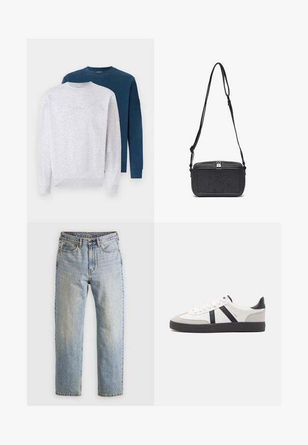 Twee sweaters gestapeld: één in lichtgrijs met een subtiel logo, de andere in donkerblauw. Beide hebben een ronde hals en ribafwerkingen aan de mouwen.; Lichtblauwe denim jeans met hoge taille, frontknop, rits en vijfzakkenontwerp, plat gelegd op een neutrale achtergrond.; Witte sneaker met zwarte en grijze accenten, voorzien van een grijze neus met textuur, zwarte rubberen zool en platte witte veters. Schoon ontwerp, minimalistische stijl.; Zwarte leren schoudertas met een ritssluiting, reliëflogo aan de voorkant en een verstelbare schouderriem. Gladde textuur met een rechthoekige vorm.